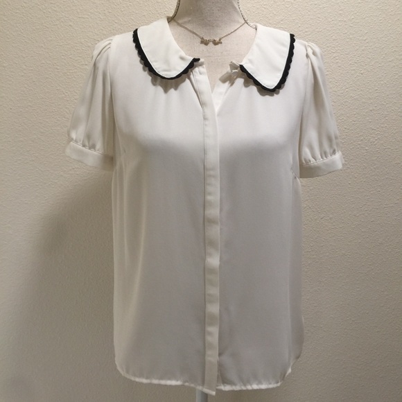 White Button Blouse with Black Lace Peter Pen Collar Schoolgirl Cosplay Coquette - Picture 8 of 12